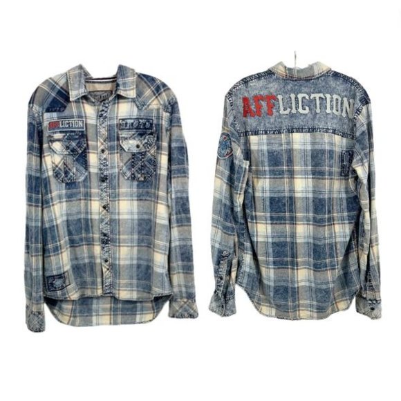 Affliction Black Premium Axle Grease Shirt Snap Buttons Distressed Plaid LARGE - Picture 1 of 10